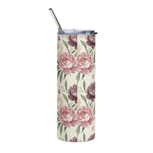 Personalized Peony Floral Tumbler 20oz | Custom Name Watercolor Flower Skinny Travel Cup Gift Stainless Steel - Tumblers
