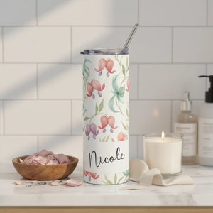 Personalized Peony Floral Tumbler 20oz | Custom Name Watercolor Flower Skinny Travel Cup Gift Stainless Steel - Tumblers