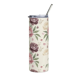 Personalized Peony Floral Tumbler 20oz | Custom Name Watercolor Flower Skinny Travel Cup Gift Stainless Steel - Tumblers
