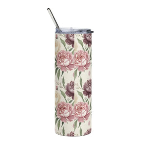 Personalized Peony Floral Tumbler 20oz | Custom Name Watercolor Flower Skinny Travel Cup Gift Stainless Steel - Tumblers
