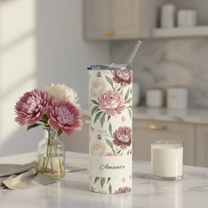 Personalized Peony Floral Tumbler 20oz | Custom Name Watercolor Flower Skinny Travel Cup Gift Stainless Steel - Tumblers