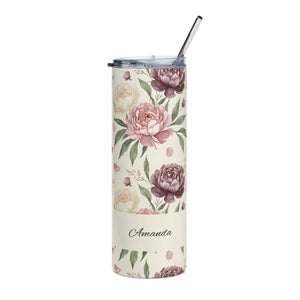 Personalized Peony Floral Tumbler 20oz | Custom Name Watercolor Flower Skinny Travel Cup Gift Stainless Steel - Tumblers