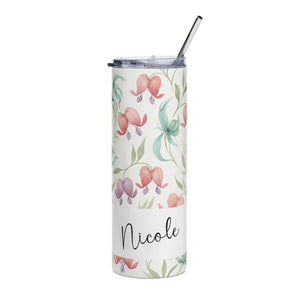Personalized Peony Floral Tumbler 20oz | Custom Name Watercolor Flower Skinny Travel Cup Gift Stainless Steel - Tumblers
