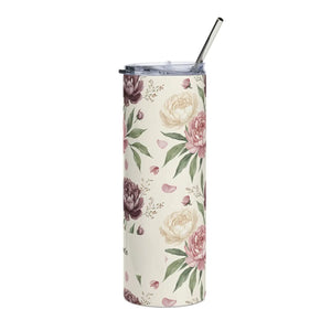 Personalized Peony Floral Tumbler 20oz | Custom Name Watercolor Flower Skinny Travel Cup Gift Stainless Steel - Tumblers