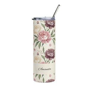 Personalized Peony Floral Tumbler 20oz | Custom Name Watercolor Flower Skinny Travel Cup Gift Stainless Steel - Tumblers