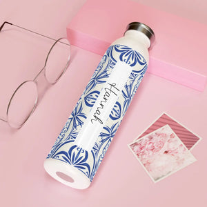 Personalized Slim Water Bottle, Blue Tile Floral Pattern - Bottles