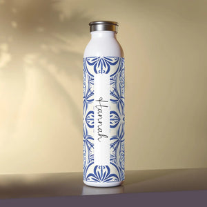 Personalized Slim Water Bottle, Blue Tile Floral Pattern - Bottles
