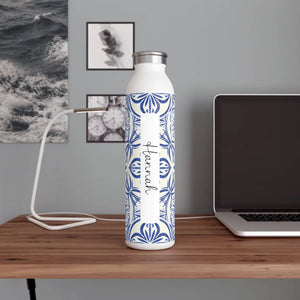 Personalized Slim Water Bottle, Blue Tile Floral Pattern - Bottles