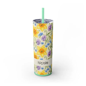 Personalized Spring Floral Tumbler 20oz | Custom Name Daffodil Flower Skinny Travel Cup Gift with Straw - Tumblers