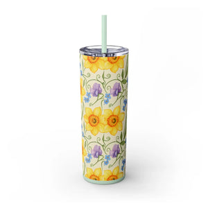 Personalized Spring Floral Tumbler 20oz | Custom Name Daffodil Flower Skinny Travel Cup Gift with Straw - Tumblers