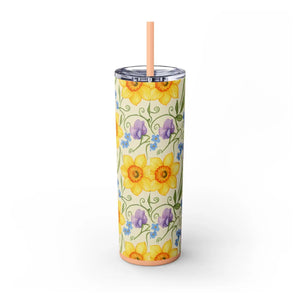 Personalized Spring Floral Tumbler 20oz | Custom Name Daffodil Flower Skinny Travel Cup Gift with Straw - Tumblers