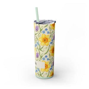 Personalized Spring Floral Tumbler 20oz | Custom Name Daffodil Flower Skinny Travel Cup Gift with Straw - Tumblers