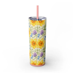 Personalized Spring Floral Tumbler 20oz | Custom Name Daffodil Flower Skinny Travel Cup Gift with Straw - Tumblers