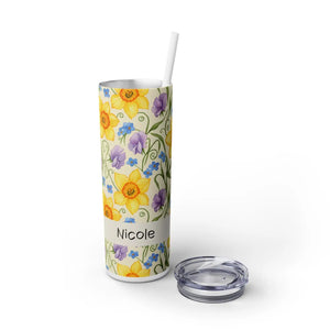 Personalized Spring Floral Tumbler 20oz | Custom Name Daffodil Flower Skinny Travel Cup Gift with Straw - Tumblers