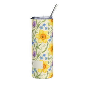 Personalized Spring Floral Tumbler 20oz | Custom Name Daffodil Flower Skinny Stainless Steel - Tumblers