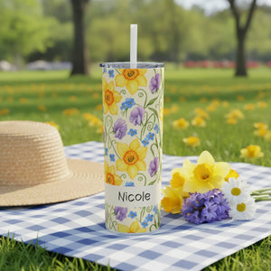Personalized Spring Floral Tumbler 20oz | Custom Name Daffodil Flower Skinny Travel Cup Gift with Straw - Tumblers
