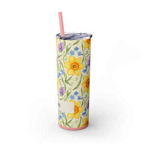 Personalized Spring Floral Tumbler 20oz | Custom Name Daffodil Flower Skinny Travel Cup Gift with Straw - Tumblers