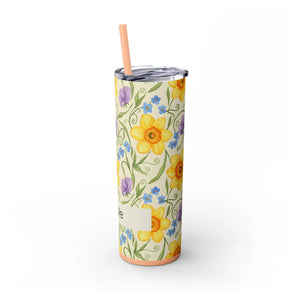 Personalized Spring Floral Tumbler 20oz | Custom Name Daffodil Flower Skinny Travel Cup Gift with Straw - Tumblers