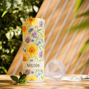 Personalized Spring Floral Tumbler 20oz | Custom Name Daffodil Flower Skinny Travel Cup Gift with Straw - Tumblers