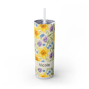 Personalized Spring Floral Tumbler 20oz | Custom Name Daffodil Flower Skinny Travel Cup Gift with Straw - Tumblers