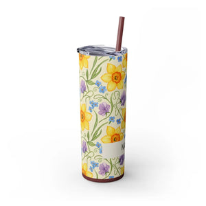 Personalized Spring Floral Tumbler 20oz | Custom Name Daffodil Flower Skinny Travel Cup Gift with Straw - Tumblers