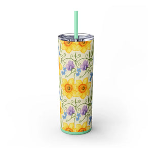 Personalized Spring Floral Tumbler 20oz | Custom Name Daffodil Flower Skinny Travel Cup Gift with Straw - Tumblers