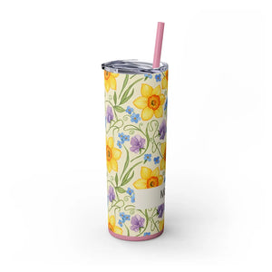 Personalized Spring Floral Tumbler 20oz | Custom Name Daffodil Flower Skinny Travel Cup Gift with Straw - Tumblers