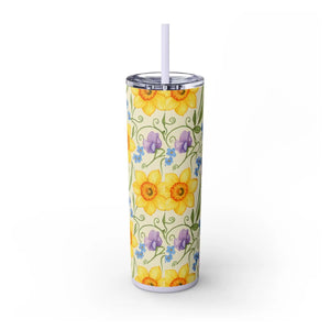 Personalized Spring Floral Tumbler 20oz | Custom Name Daffodil Flower Skinny Travel Cup Gift with Straw - Tumblers
