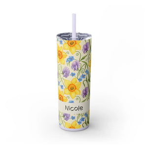 Personalized Spring Floral Tumbler 20oz | Custom Name Daffodil Flower Skinny Travel Cup Gift with Straw - Tumblers