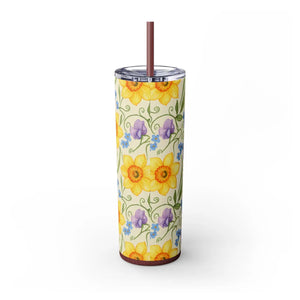 Personalized Spring Floral Tumbler 20oz | Custom Name Daffodil Flower Skinny Travel Cup Gift with Straw - Tumblers