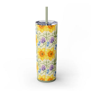 Personalized Spring Floral Tumbler 20oz | Custom Name Daffodil Flower Skinny Travel Cup Gift with Straw - Tumblers