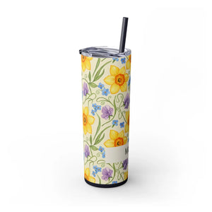Personalized Spring Floral Tumbler 20oz | Custom Name Daffodil Flower Skinny Travel Cup Gift with Straw - Tumblers