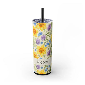 Personalized Spring Floral Tumbler 20oz | Custom Name Daffodil Flower Skinny Travel Cup Gift with Straw - Tumblers