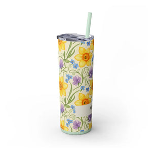 Personalized Spring Floral Tumbler 20oz | Custom Name Daffodil Flower Skinny Travel Cup Gift with Straw - Tumblers