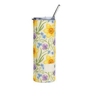 Personalized Spring Floral Tumbler 20oz | Custom Name Daffodil Flower Skinny Stainless Steel - Tumblers
