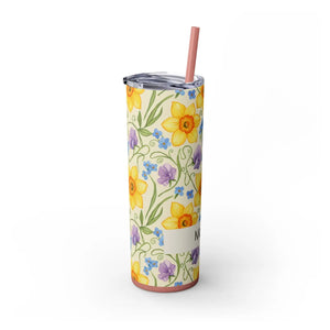 Personalized Spring Floral Tumbler 20oz | Custom Name Daffodil Flower Skinny Travel Cup Gift with Straw - Tumblers