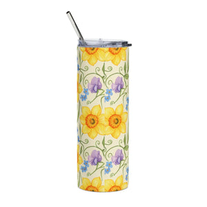 Personalized Spring Floral Tumbler 20oz | Custom Name Daffodil Flower Skinny Stainless Steel - Tumblers