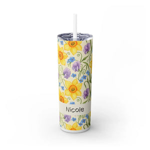 Personalized Spring Floral Tumbler 20oz | Custom Name Daffodil Flower Skinny Travel Cup Gift with Straw - Tumblers