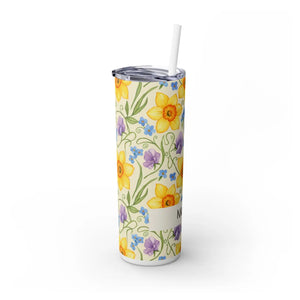 Personalized Spring Floral Tumbler 20oz | Custom Name Daffodil Flower Skinny Travel Cup Gift with Straw - Tumblers
