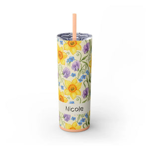 Personalized Spring Floral Tumbler 20oz | Custom Name Daffodil Flower Skinny Travel Cup Gift with Straw - Tumblers