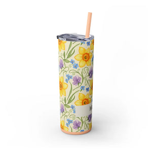 Personalized Spring Floral Tumbler 20oz | Custom Name Daffodil Flower Skinny Travel Cup Gift with Straw - Tumblers