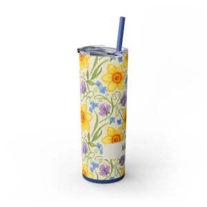Personalized Spring Floral Tumbler 20oz | Custom Name Daffodil Flower Skinny Travel Cup Gift with Straw - Tumblers