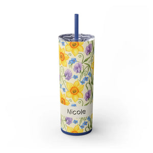 Personalized Spring Floral Tumbler 20oz | Custom Name Daffodil Flower Skinny Travel Cup Gift with Straw - Tumblers