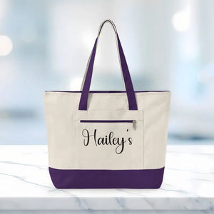 Bags - Zippered Canvas Tote - Personalized Cotton Shopper - Dipaliz 18’’ x 14’’ 4.5’’ / Natural/purple
