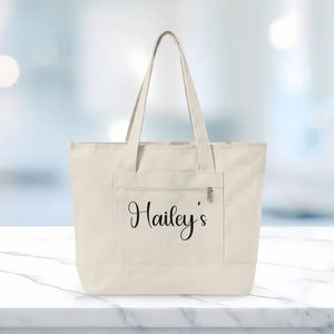 Bags - Zippered Canvas Tote - Personalized Cotton Shopper - Dipaliz 18’’ x 14’’ 4.5’’ / Natural
