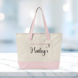 Bags - Zippered Canvas Tote - Personalized Cotton Shopper - Dipaliz 18’’ x 14’’ 4.5’’ / Natural/light Pink