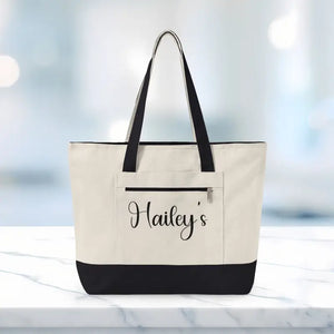 Bags - Zippered Canvas Tote - Personalized Cotton Shopper - Dipaliz 18’’ x 14’’ 4.5’’ / Natural/black