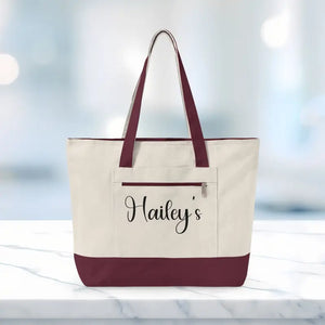 Bags - Zippered Canvas Tote - Personalized Cotton Shopper - Dipaliz 18’’ x 14’’ 4.5’’ / Natural/maroon