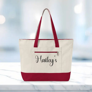 Bags - Zippered Canvas Tote - Personalized Cotton Shopper - Dipaliz 18’’ x 14’’ 4.5’’ / Natural/red