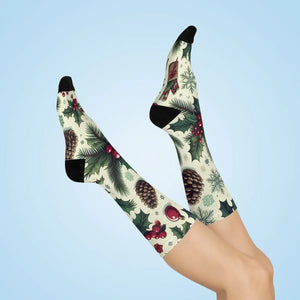 Festive Pine Leaves Cushioned Crew Socks - Christmas Holiday - Dipaliz - White / one Size / 3/4 - All Over Prints